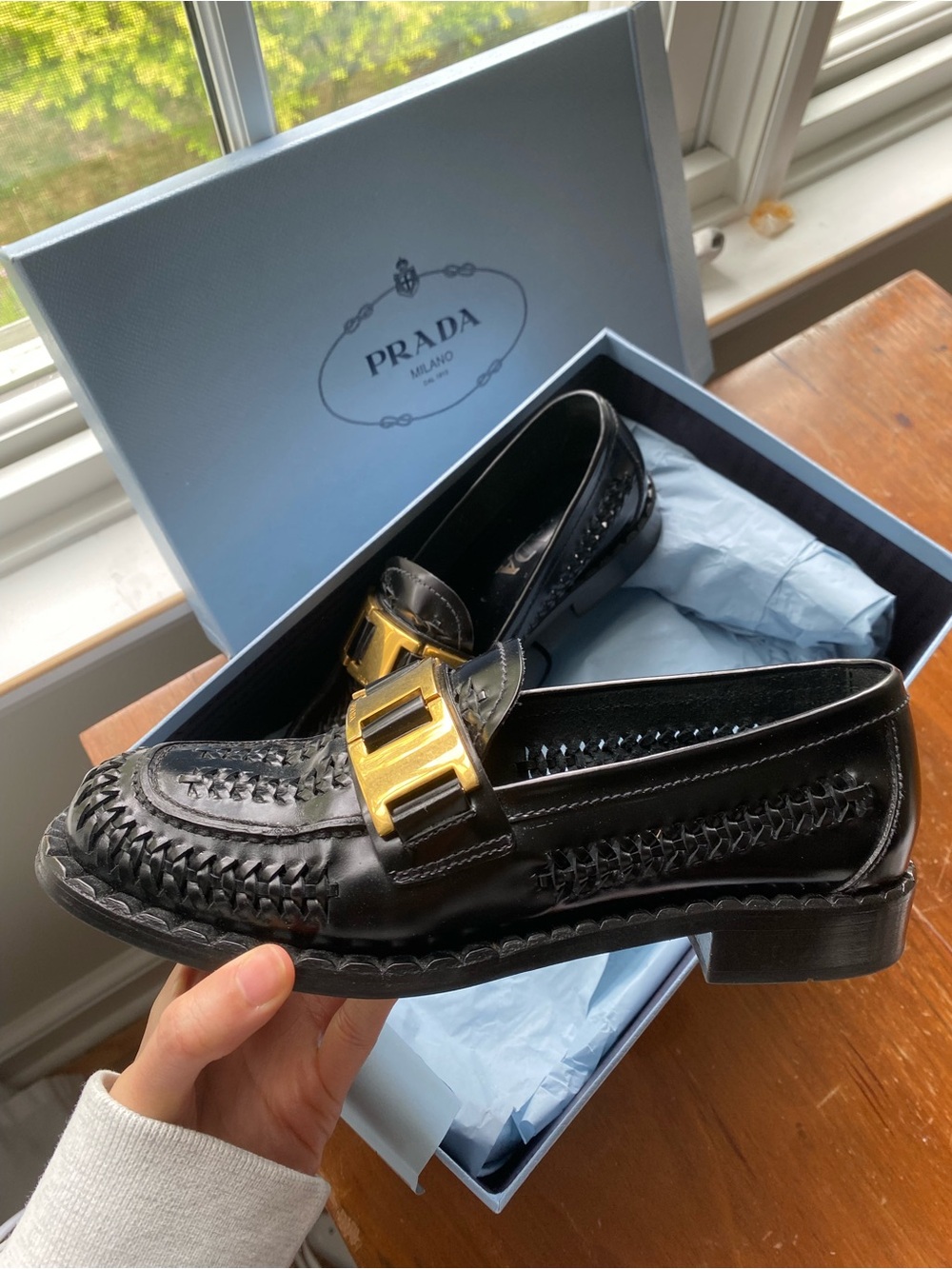 Prada Black Woven Leather Loafers with Gold Hardware - Picture 2 of 5